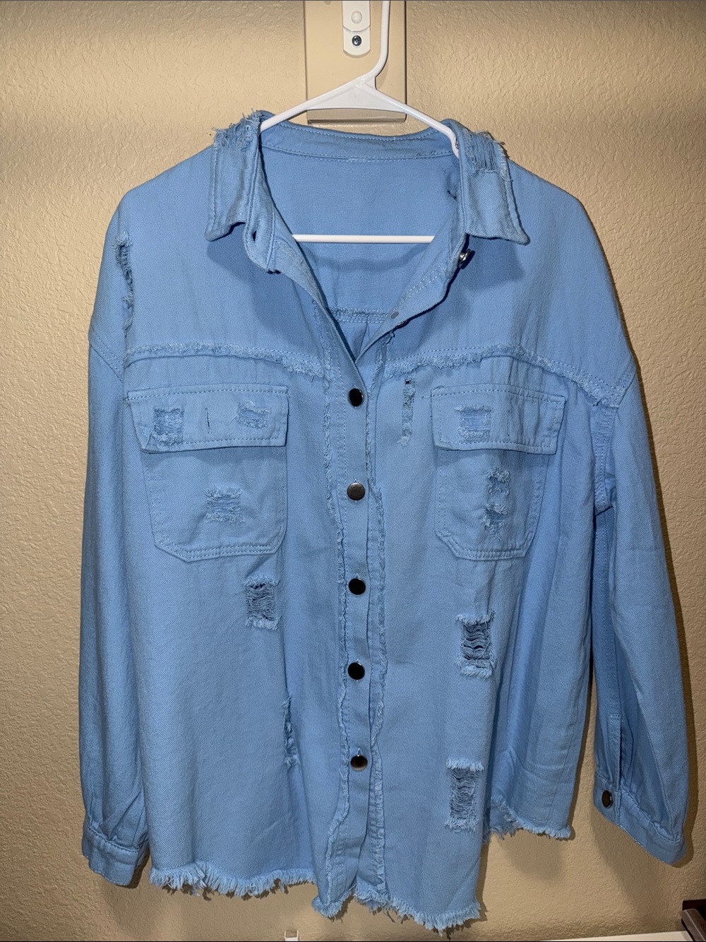Light Blue Distressed Button-Up Shirt Jacket